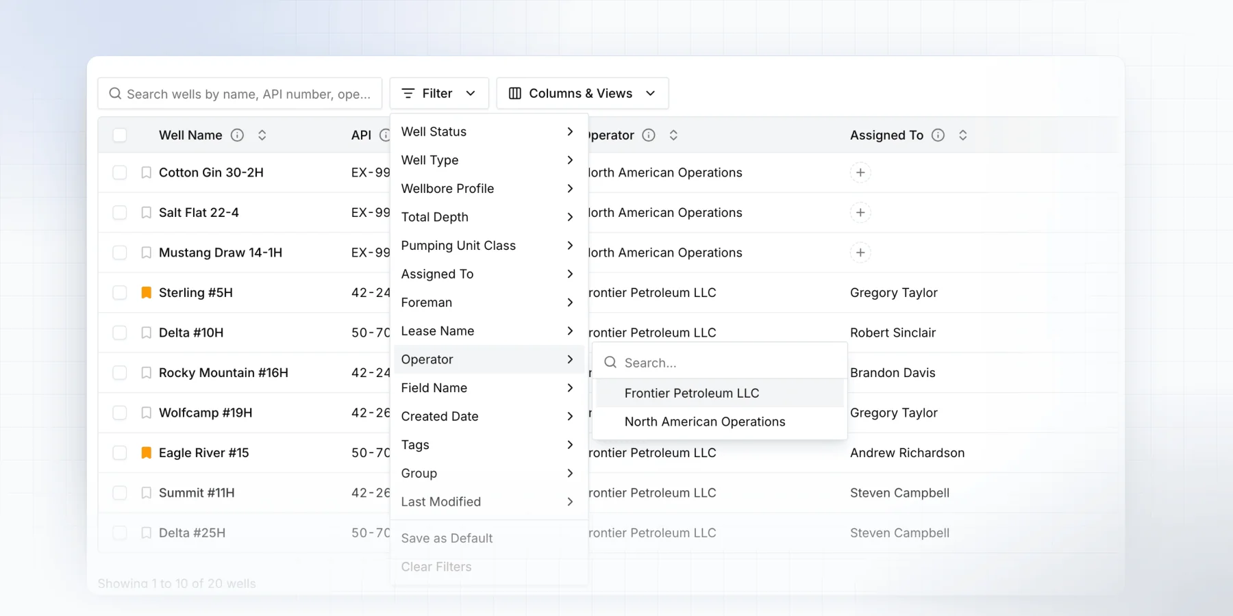 Wells list filter menu with the operator filter open