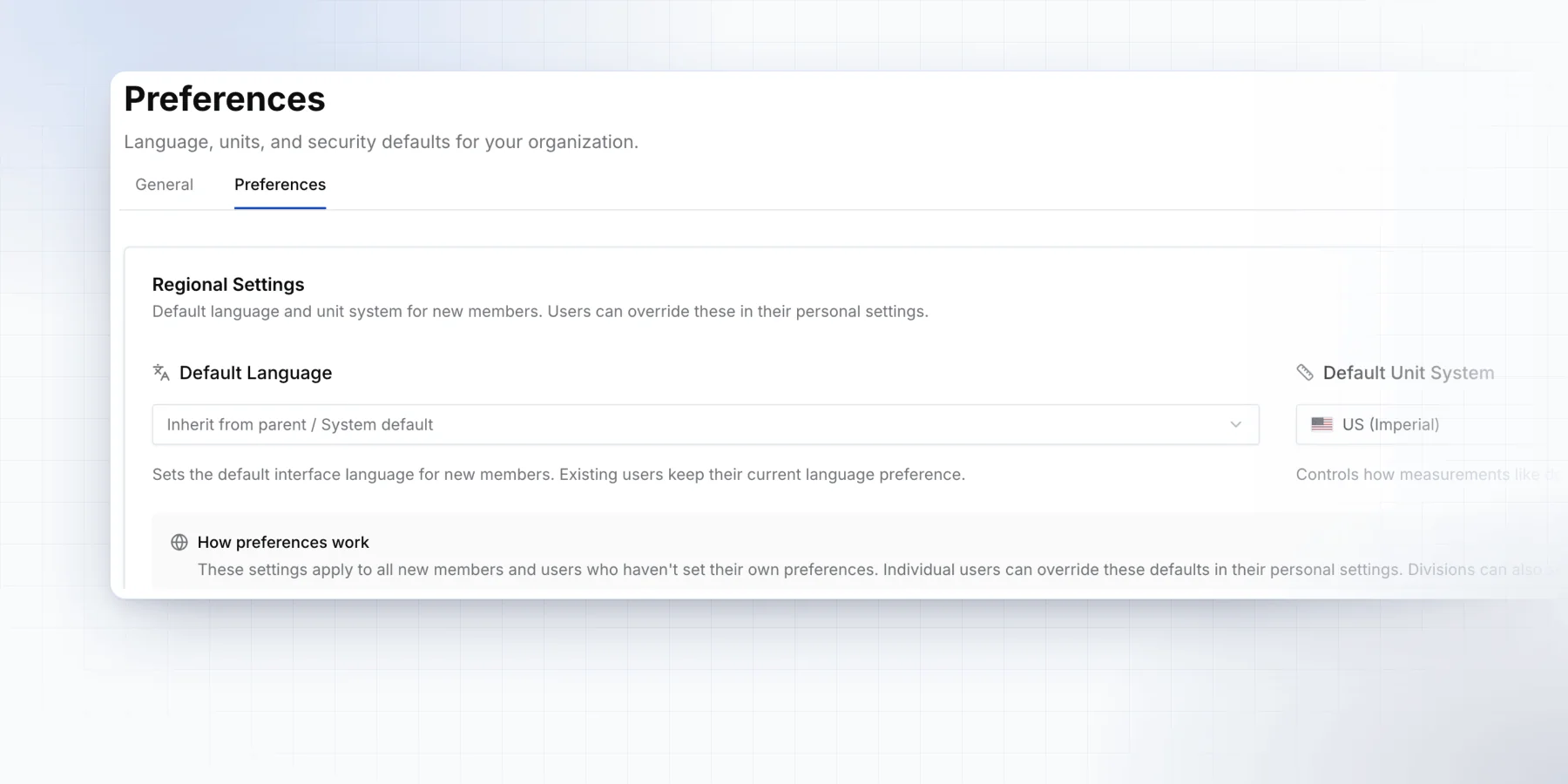 Organization preferences with default language and unit system